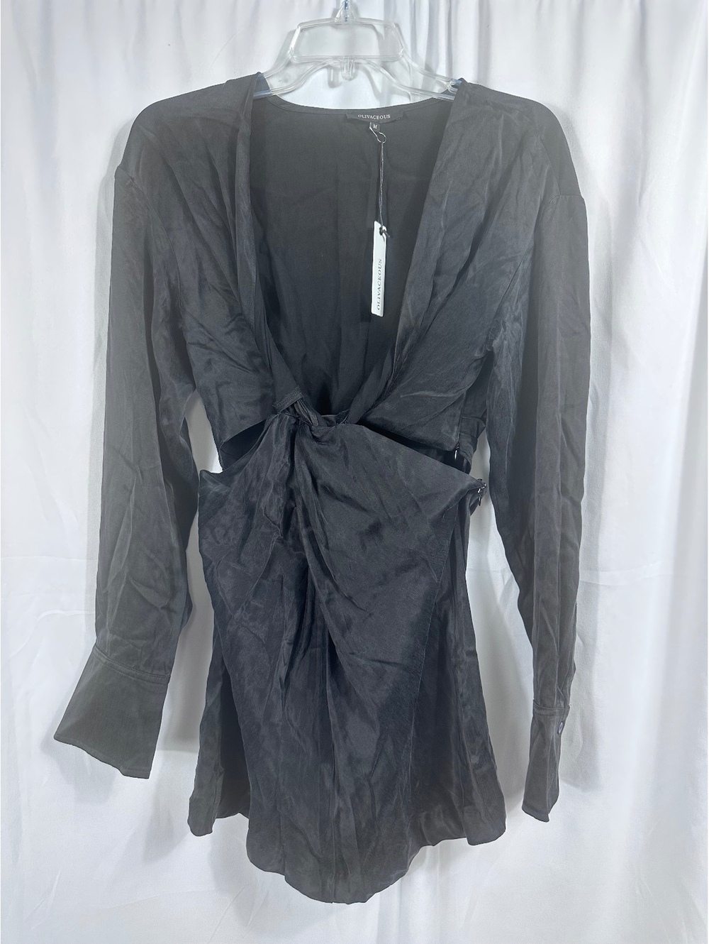 Olivaceous Black Long Sleeve Mini Dress with Front Tie Detail Size Medium